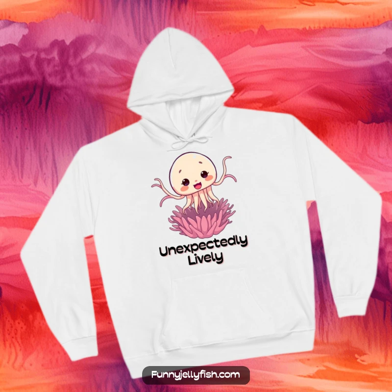 Funny Kawaii Jellyfish Jump Hoodie showing a cute jellyfish comically leaping from a sea anemone, ideal for cozy wear.