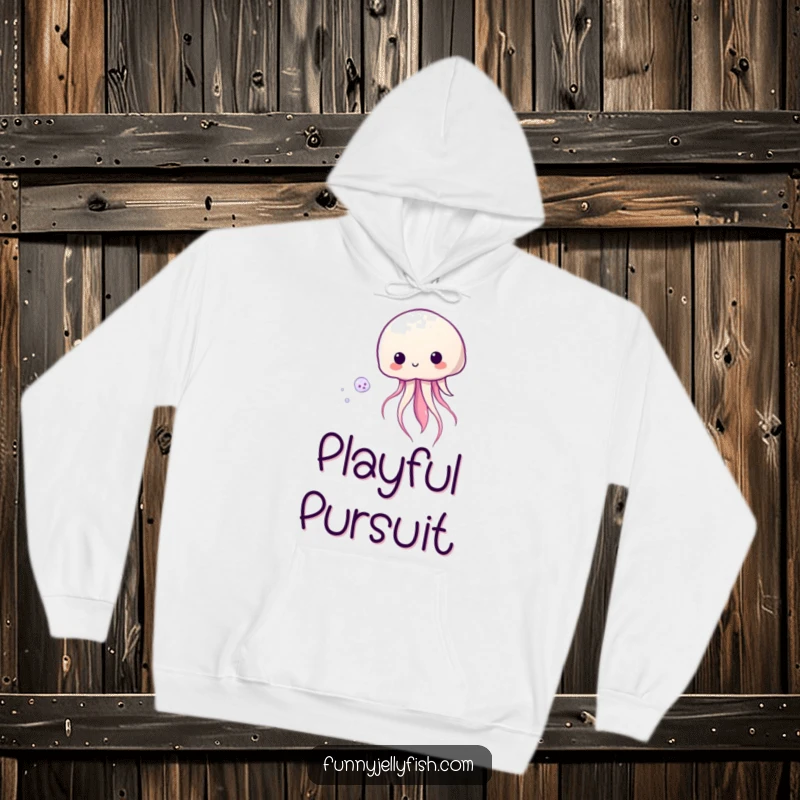 Funny Kawaii Jellyfish Hoodie showing a cute jellyfish playfully chasing plankton, ideal for warmth and underwater-themed style.