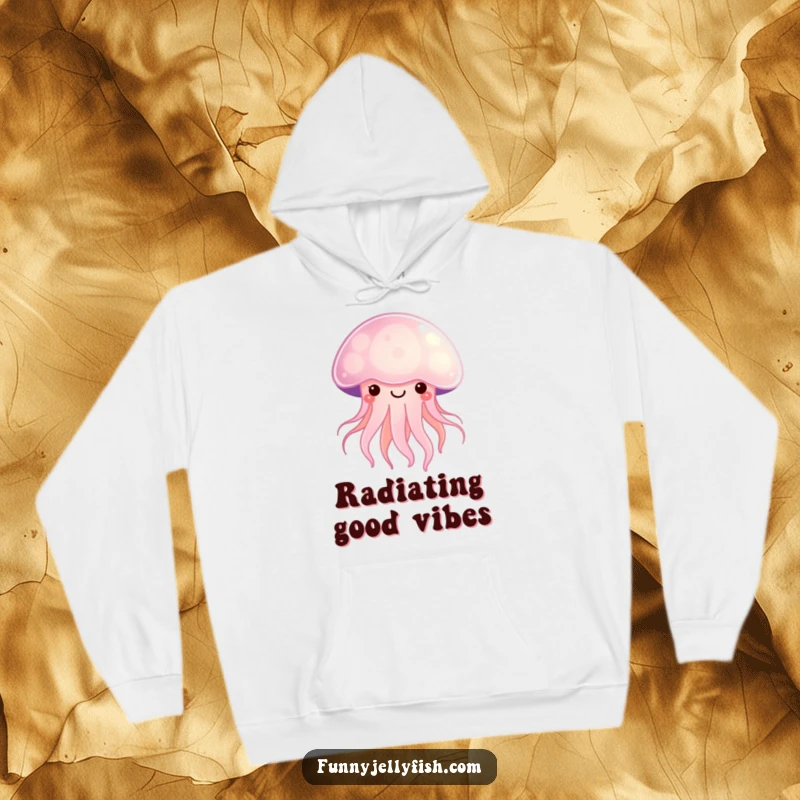 Funny Kawaii Jellyfish Hoodie radiating a soft, happy glow, offering cozy comfort and adorable ocean-themed humor.