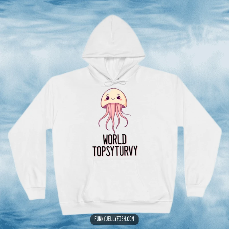Funny Kawaii Jellyfish Hoodie, showing a creature hilariously upside down with a cheerful, surprised look, offering cozy comfort and humorous appeal.
