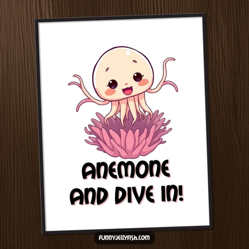 Funny Free Printable Wall Art showing a Kawaii jellyfish performing a comical surprise jump from a hidden sea anemone, fun ocean art.