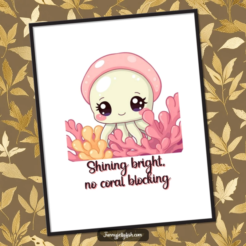 Whimsical Free Printable Wall Art: A curious jellyfish with large, sparkling eyes peeking from behind vibrant coral, full of wonder, perfect for DIY decor.