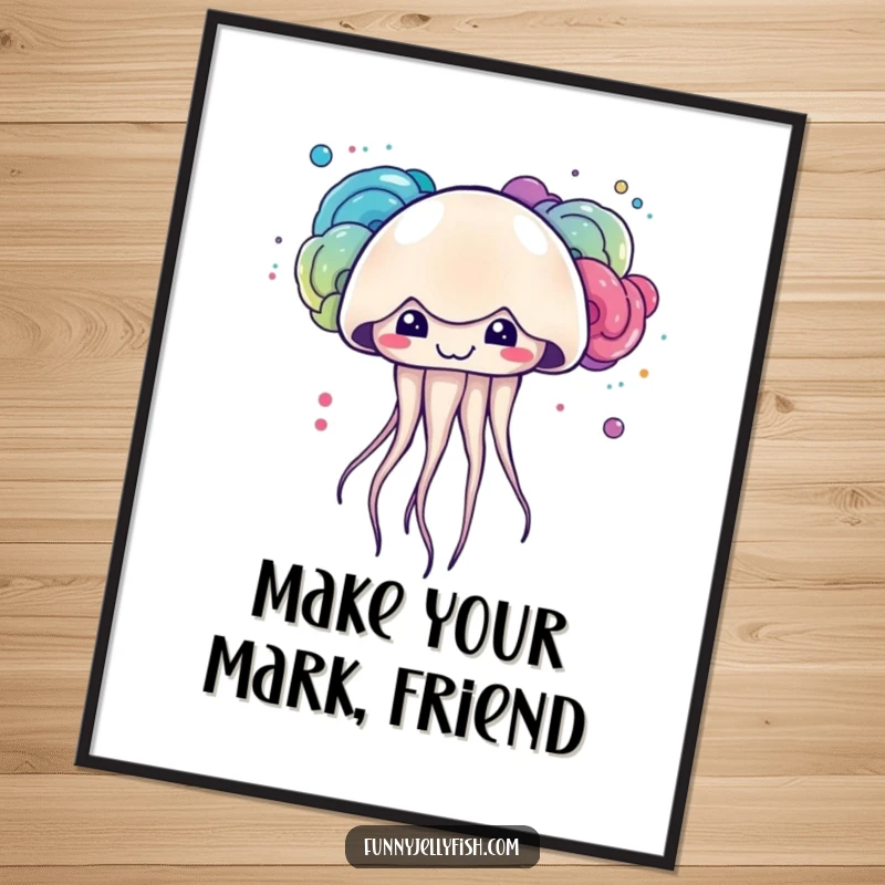 Funny free printable wall art showcasing a kawaii jellyfish with a mischievous grin, creating vibrant, swirling ink clouds in a playful display.