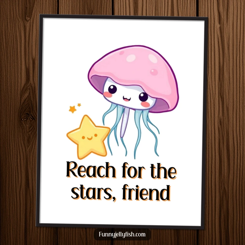 Funny free printable wall art depicting a kawaii jellyfish using its bell to playfully bounce a tiny, radiant star, adding a whimsical touch.