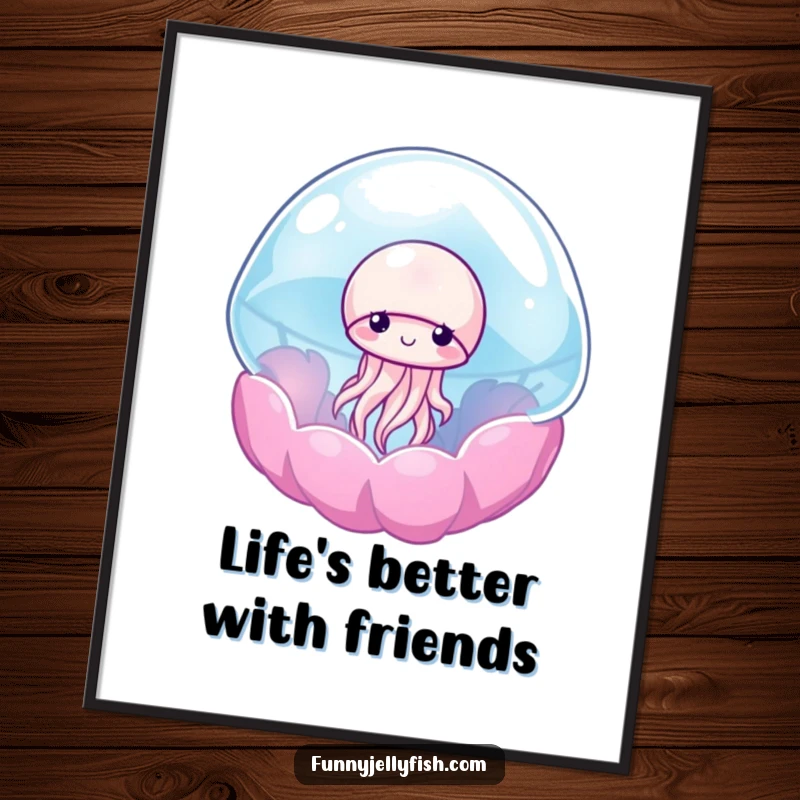 Funny Free Printable Wall Art: A shy jellyfish peeks out from its colorful anemone, creating a peaceful underwater scene.