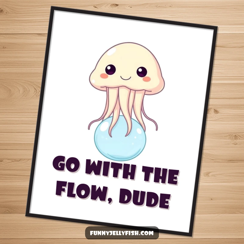 Funny Free Printable Wall Art: A happy jellyfish cheerfully bounces on a tiny water bubble, bringing smiles and joy.