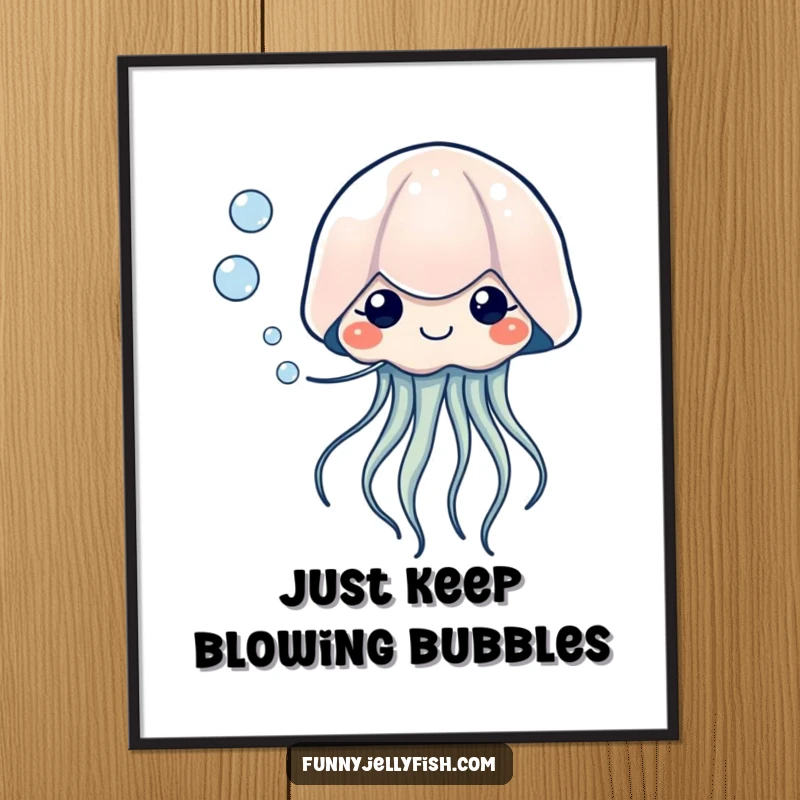 Funny Free Printable Wall Art: A kawaii jellyfish with tiny, happy eyes blows a gentle string of translucent bubbles.