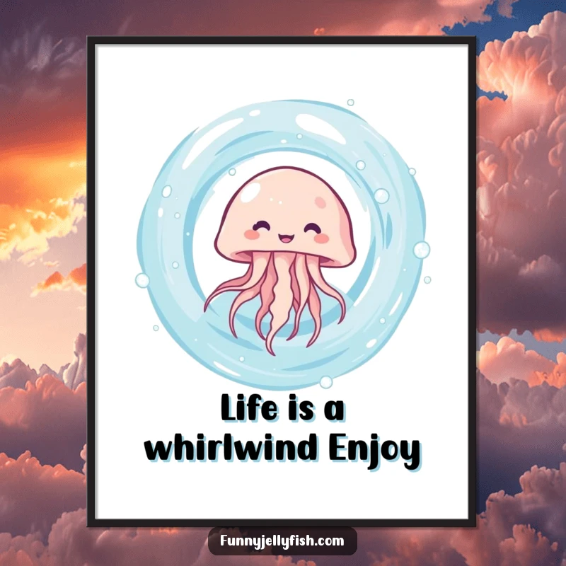 Funny free printable wall art capturing a kawaii jellyfish giggling with delight as it spins rapidly within a vibrant, swirling water vortex.