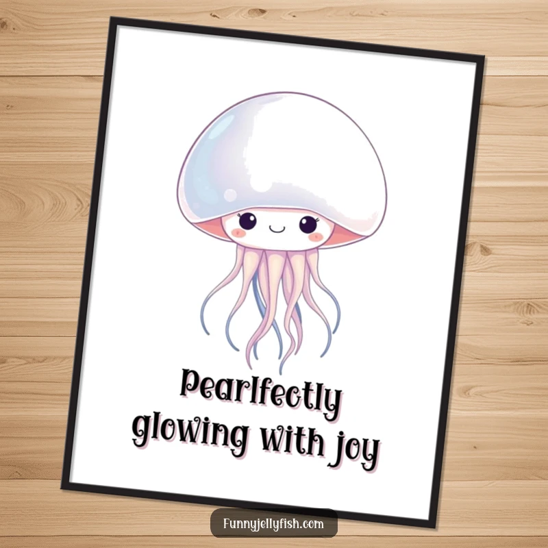 Funny Free Printable Wall Art featuring a kawaii jellyfish peeking from behind a giant shimmering pearl, adding whimsical decor.