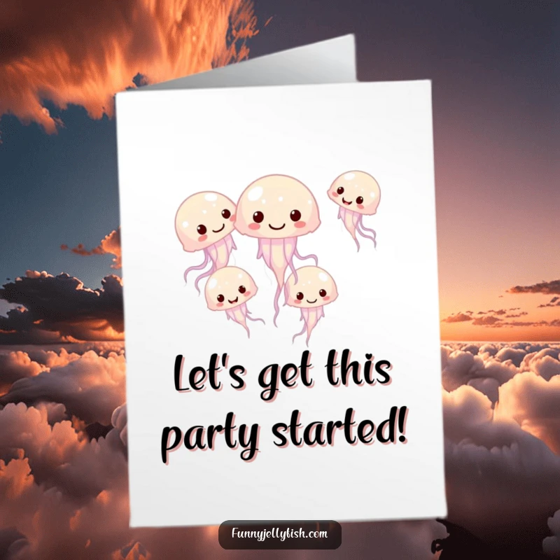 Funny Free Printable Birthday Card: A group of small, giggling jellyfish swim playfully in a circle, celebrating joyfully.