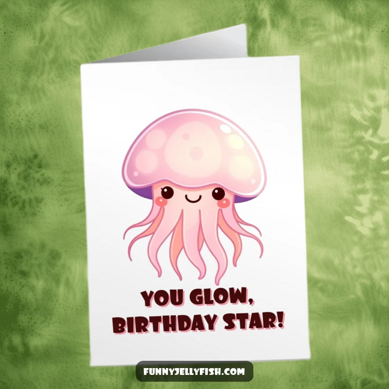Funny Free Printable Birthday Card: A beaming Kawaii jellyfish radiating a soft, happy glow, perfect for cheerful greetings.