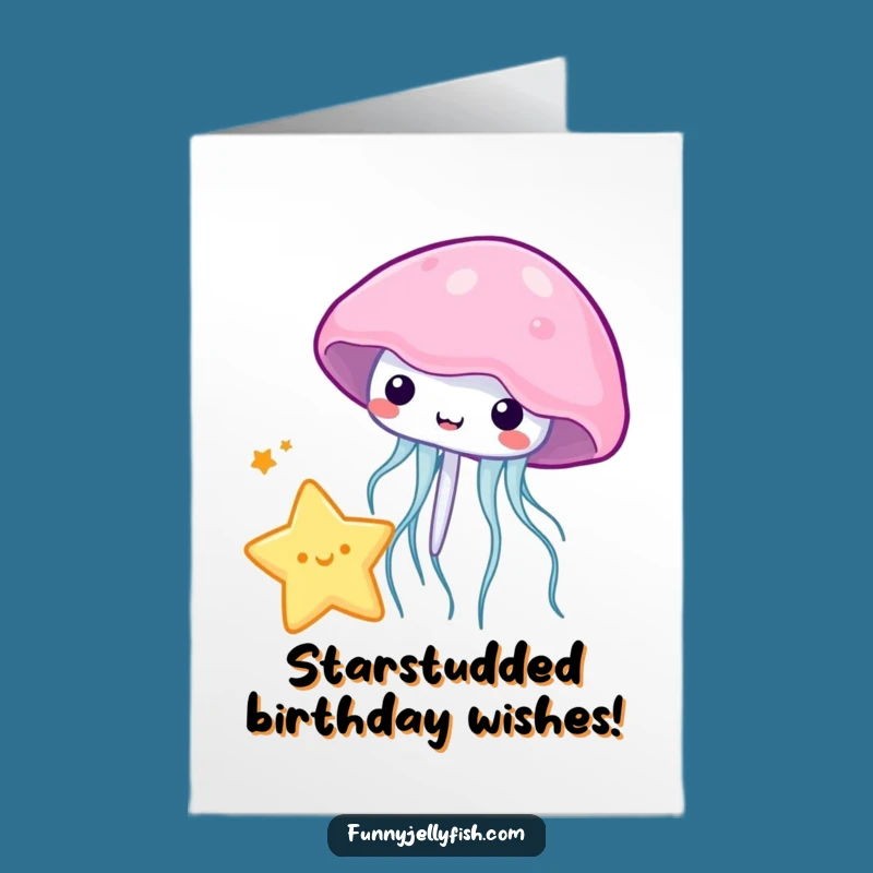 Free Printable Birthday Card: Kawaii Jellyfish Plays with Star for a Funny Downloadable Gift