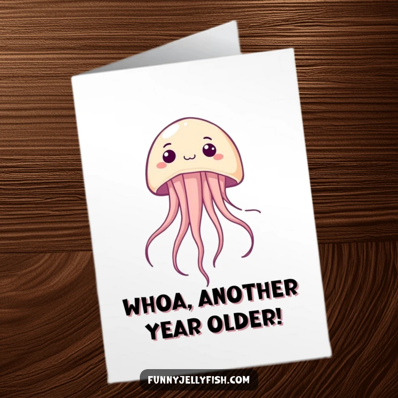 Funny Free Printable Birthday Card: A kawaii jellyfish with a surprised face, floating upside down with joy.