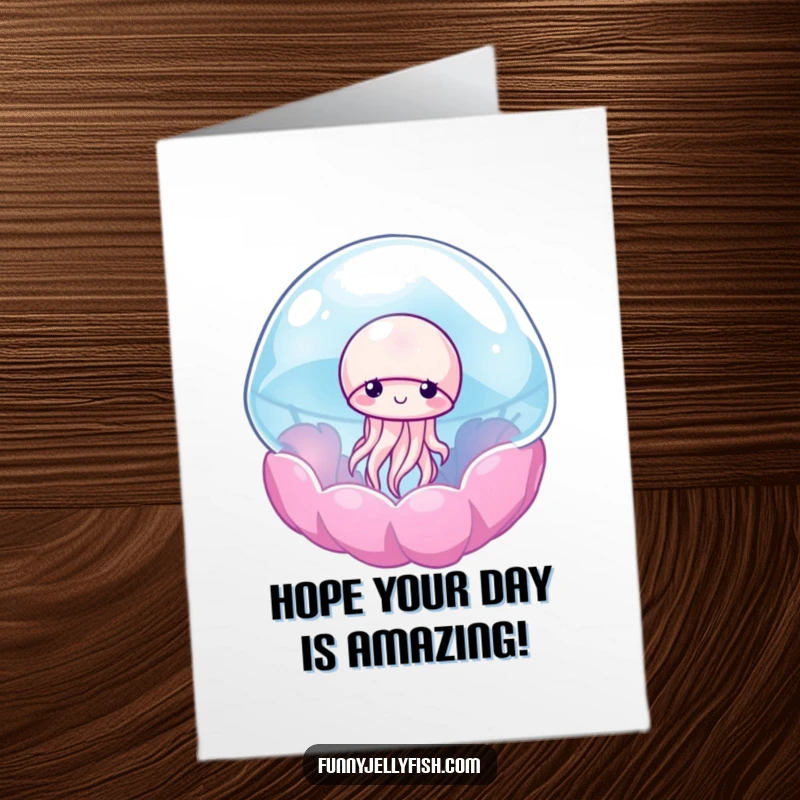 Funny Free Printable Birthday Card: A shy jellyfish peeks out from a colorful anemone, offering birthday wishes.