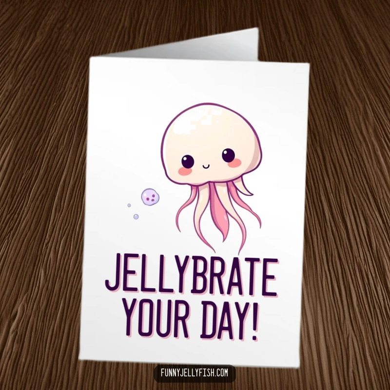 Funny Free Printable Birthday Card depicting a Kawaii jellyfish playfully chasing a shimmering plankton, a whimsical ocean scene.