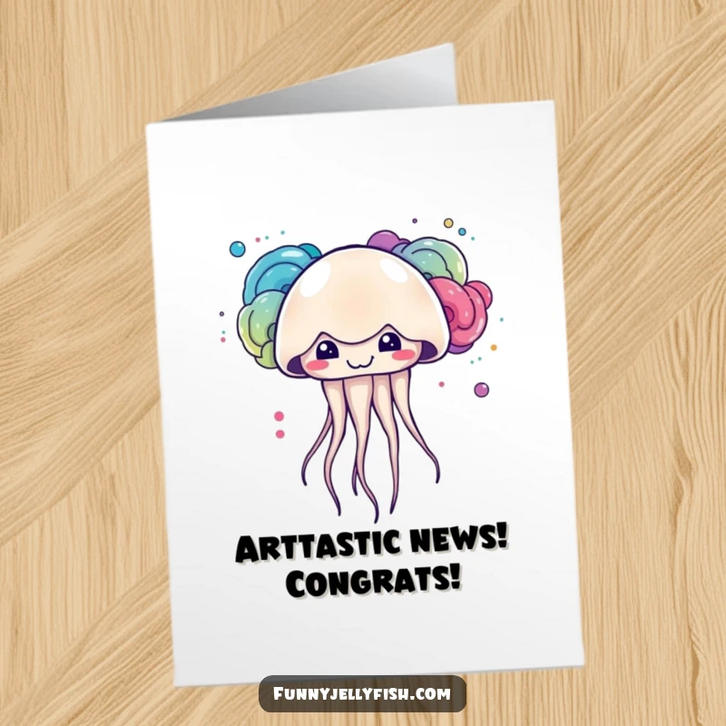 Funny free printable congratulations card with a cute kawaii jellyfish sporting a mischievous grin while painting the water with colorful ink.