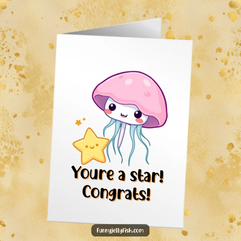 Funny free printable congratulations card featuring a cute kawaii jellyfish playfully batting a miniature star with its bell, celebrating success.