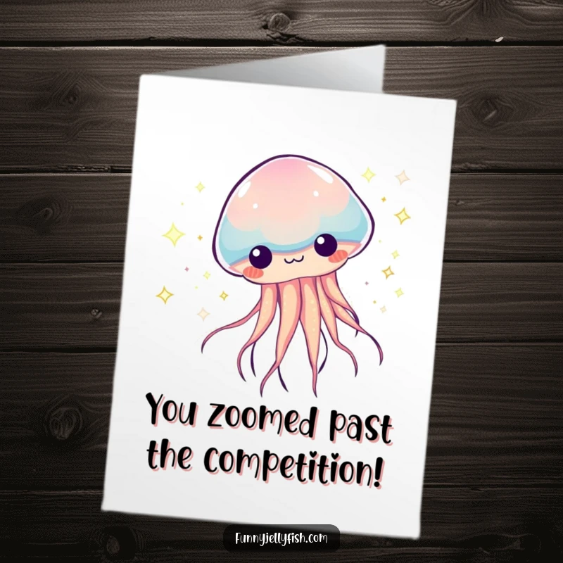 Funny Free Printable Congratulations Card: A kawaii jellyfish zooms past, leaving a trail of colorful sparkles in celebration.