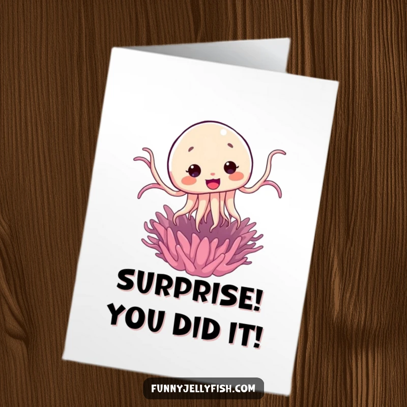 Funny Free Printable Congrats Card featuring a Kawaii jellyfish performing a comical surprise jump from a sea anemone, celebrating success.