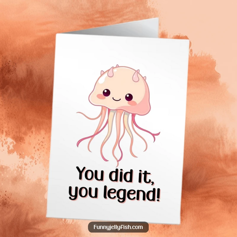 Funny Free Printable Congratulations Card: Kawaii jellyfish joyfully wiggling its tentacle ribbons in celebration.