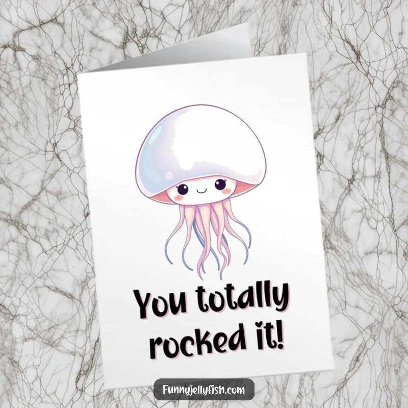 Funny Free Printable Congrats Card with a kawaii jellyfish peeking from behind a shimmering pearl, expressing congratulations.