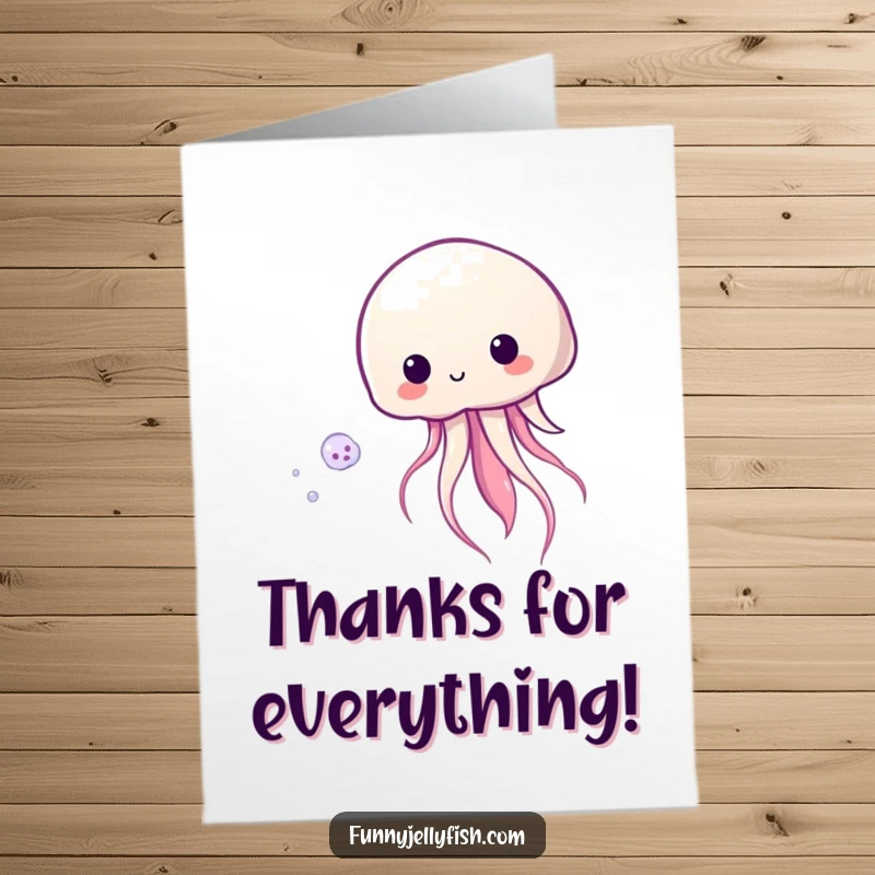Funny Free Printable Thank You Card with a Kawaii jellyfish playfully chasing a shimmering plankton, a humorous expression of thanks.
