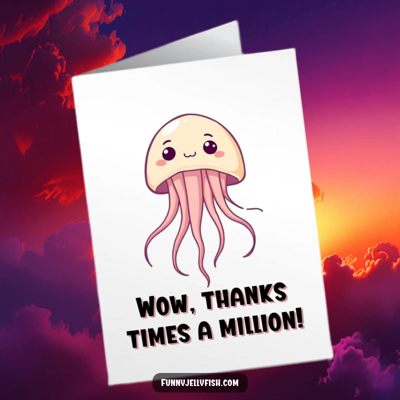 Funny Free Printable Thank You Card: A kawaii jellyfish with a surprised look floats upside down, expressing thanks.