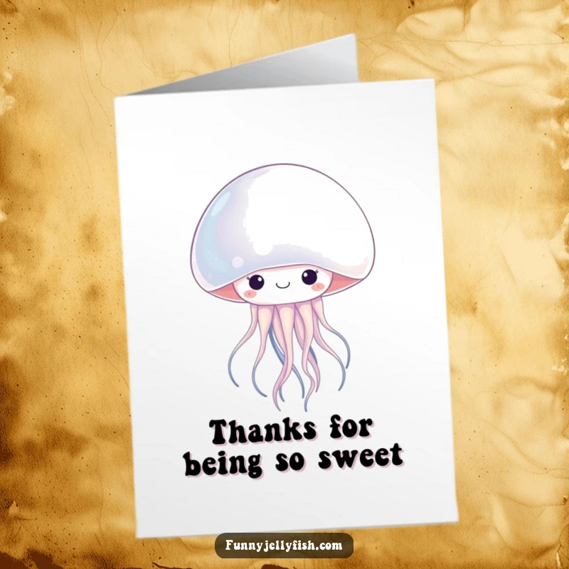 Funny Free Printable Thank You Card: kawaii jellyfish peeking from behind a pearl, conveying thanks with charm.