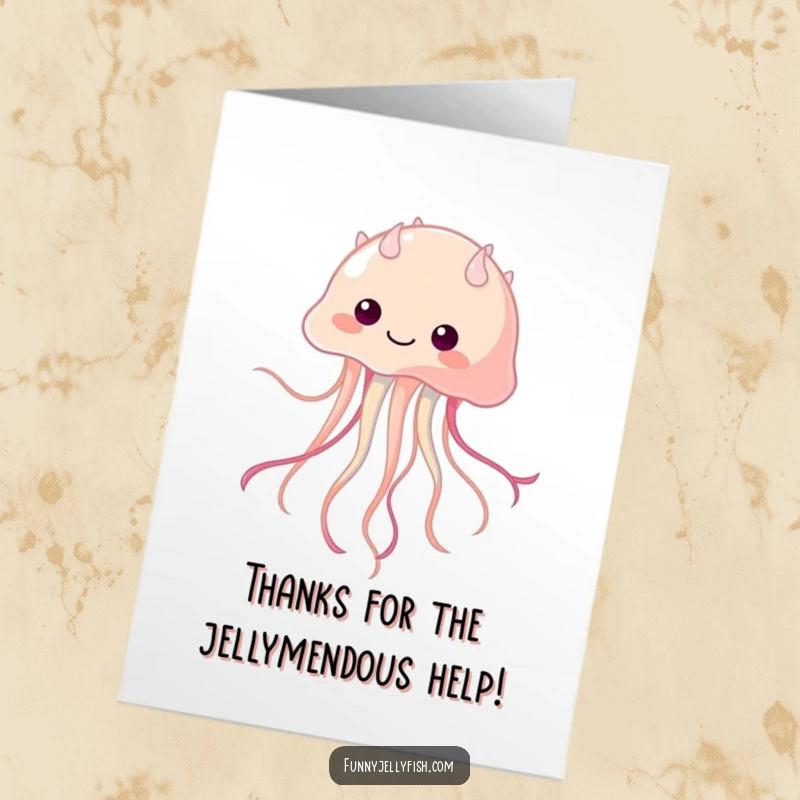 Funny Free Printable Thank You Card: A kawaii jellyfish gracefully dancing with tentacle ribbons to say thanks.