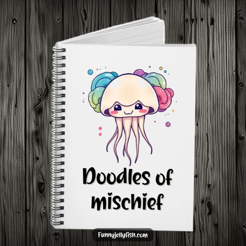 Funny kawaii jellyfish with a mischievous grin creating colorful ink clouds on this cute and inspiring notebook.