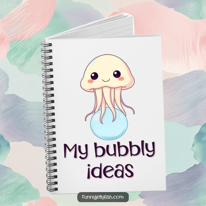 Funny notebook with a happy jellyfish bouncing on a small water bubble, inspiring joy for note-taking and journaling.
