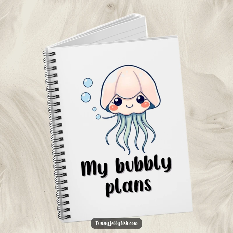 Funny Kawaii Jellyfish Notebook, illustrating a creature blowing bubbles with tiny, happy eyes, perfect for jotting down ideas with humorous, serene flair.