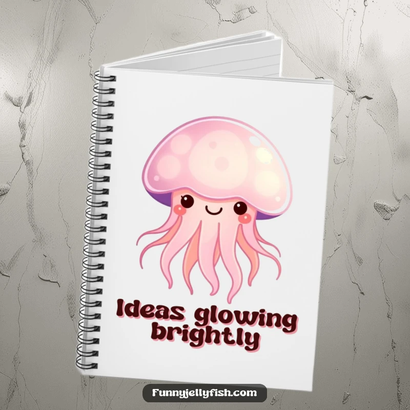 Funny Kawaii Jellyfish Notebook radiating a soft, happy glow, perfect for capturing thoughts with cute ocean-themed humor.