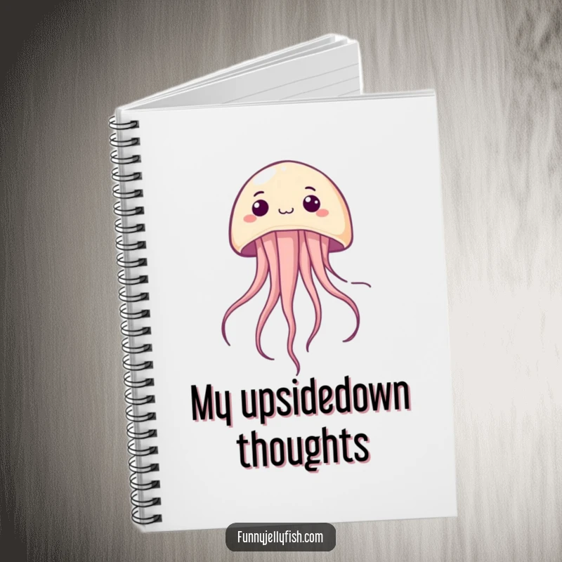 Funny Kawaii Jellyfish Notebook, illustrating a creature upside down with a happy, surprised expression, perfect for jotting down ideas with humorous flair.