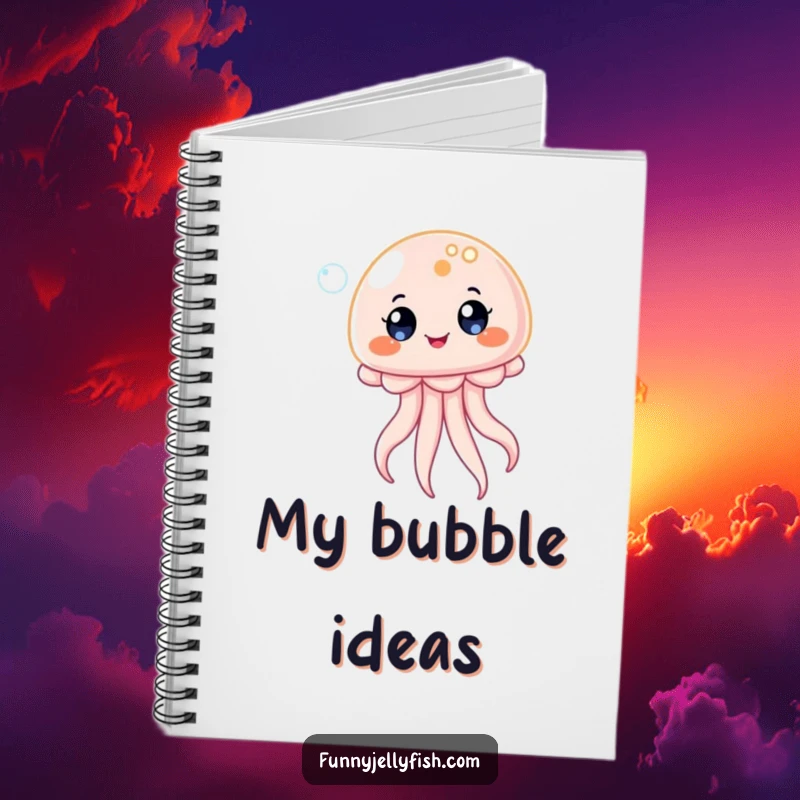 Funny Kawaii Jellyfish Notebook, illustrating a creature bouncing on a bubble with delighted eyes, perfect for journaling ideas with humorous, cheerful flair.