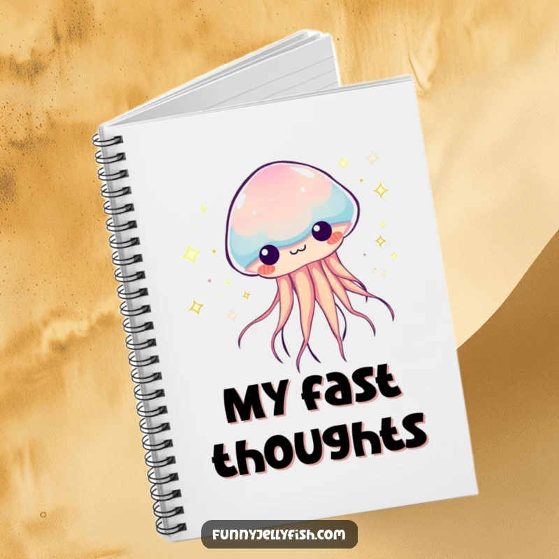 Funny Kawaii Jellyfish Notebook, illustrating a creature zooming with sparkling, colorful trails, perfect for jotting down ideas with humorous, energetic flair.