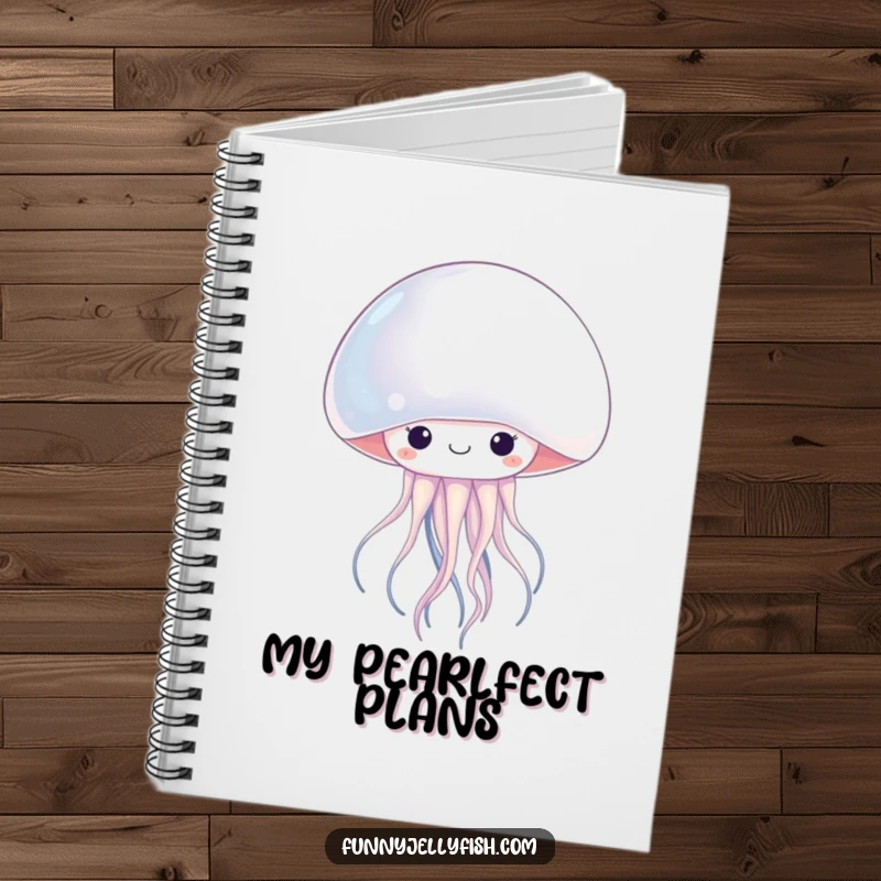 Funny kawaii jellyfish peeking from a shimmering pearl, this notebook features a cute and humorous ocean design.