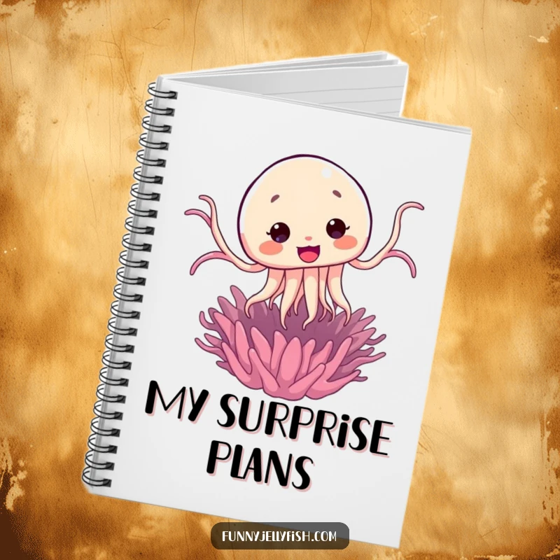 Funny Kawaii Jellyfish Jump Notebook with a cute jellyfish comically jumping from a sea anemone, ideal for notes.