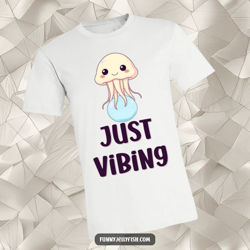 Funny t-shirt showcasing a happy jellyfish gleefully bouncing on a tiny, buoyant water bubble, capturing a moment of pure aquatic delight.