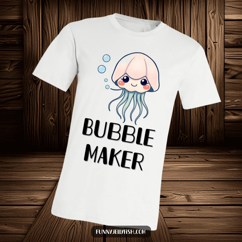 Funny Kawaii Jellyfish T-Shirt, illustrating a creature blowing bubbles with tiny, happy eyes, conveying serenity, joy, and playful humor.