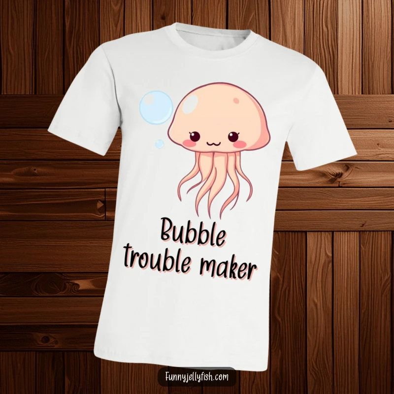 Funny Kawaii Jellyfish T-Shirt playfully bopping a floating bubble, capturing cute ocean humor and playful spirit.