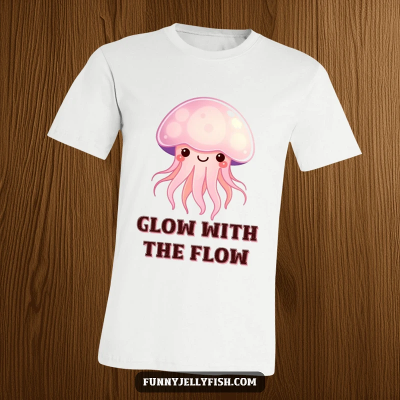 Funny Kawaii Jellyfish T-Shirt radiating a soft, happy glow, showcasing cute ocean creature humor and cheerful vibes.