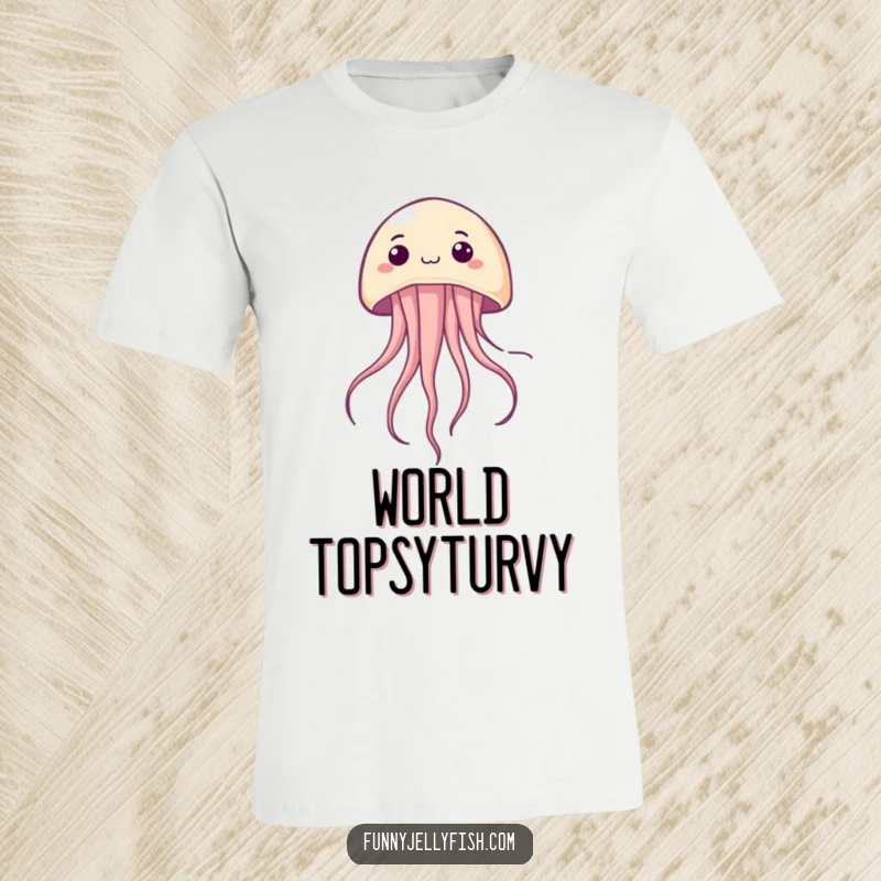 Funny Kawaii Jellyfish T-Shirt, illustrating a creature floating upside down with a surprised grin, perfect for expressing lighthearted bewilderment.