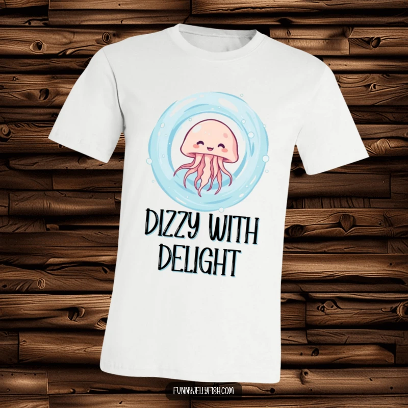 Funny kawaii jellyfish giggling as it spins rapidly in a dynamic water vortex on this energetic and cute t-shirt.