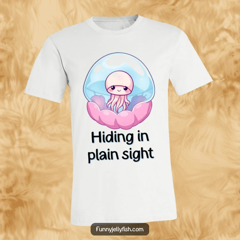 Funny t-shirt showing a shy jellyfish slightly peeking from behind a vibrantly colored, translucent anemone, embodying gentle curiosity.