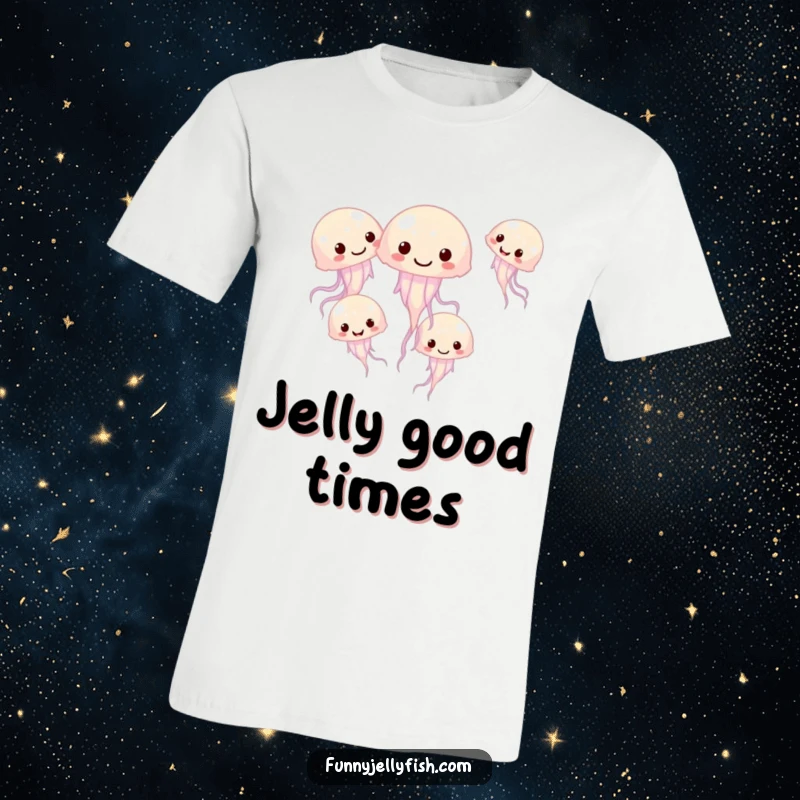 Funny t-shirt depicting a cluster of small, giggling jellyfish joyfully swimming in a circular pattern, embodying playful friendship and laughter.