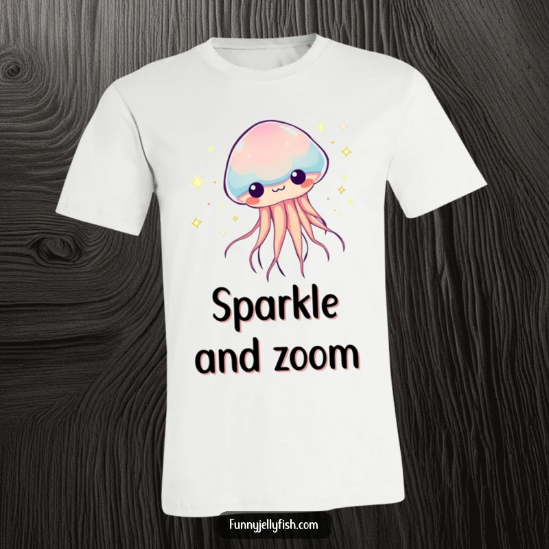 Funny Kawaii Jellyfish T-Shirt, illustrating a creature zooming with vibrant, sparkly trails, conveying speed, energy, and playful humor.