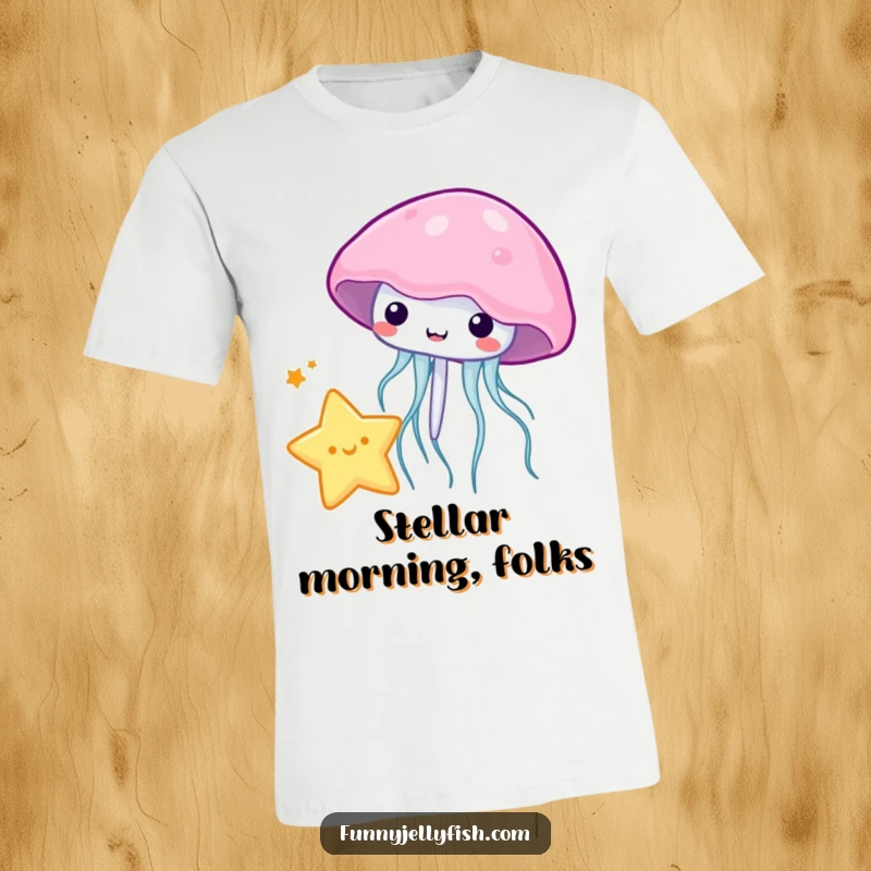 Funny kawaii jellyfish playfully bouncing a miniature star with its bell on this energetic and cute t-shirt.