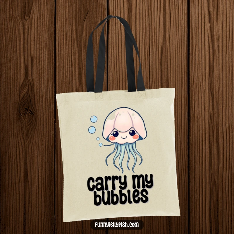 Funny Kawaii Jellyfish Tote Bag, depicting a creature blowing bubbles with tiny, happy eyes, ideal for carrying essentials with serene, humorous flair.