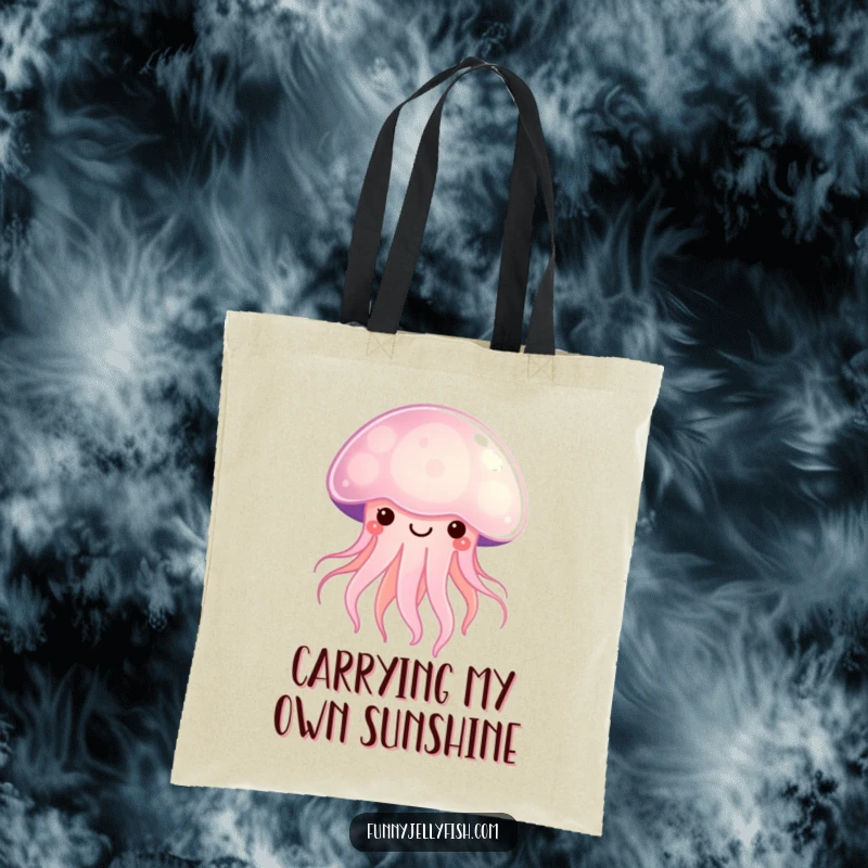 Funny Kawaii Jellyfish Tote Bag radiating a soft, happy glow, perfect for carrying groceries with adorable, cheerful ocean humor.